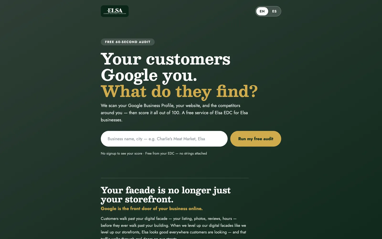 The live Digital Facade audit tool at facade.elsaedc.com — 'Your customers Google you. What do they find?' above a business search box